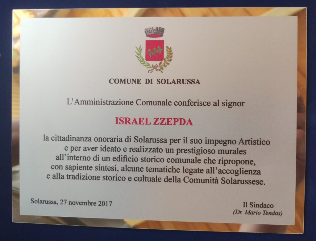 Recibió Ciudadanía honoraria por mérito artístico, Solarusa, Sardegna, Italia 2017